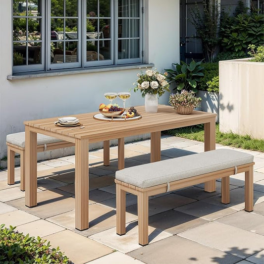 Aluminum Patio Dining Sets, 3 Pieces Patio Table Set, Outdoor Dining Table with 2 Bench, Outdoor Patio Dining Furniture Set with Removable Cushion for Lawn, Garden, Backyard, Brown