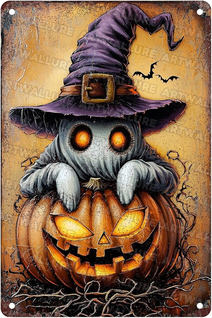 Halloween Pumpkin Vintage Sign Ghost Metal Tin Sign for Home Bar Kitchen Hotel Dining Room Coffee 8x12inch