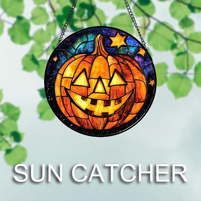 Stained Glass Window Hanging Halloween Horror Golden Pumpkin 6.3" - Suncatcher Door Garden Sunroom Gothic Style Sun Catcher Birthday for Friend Mom Men Woman Nana