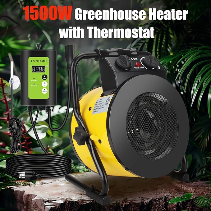 Greenhouse Heater with Digital Thermostat - 1500W Portable Outdoor Heaters for Patio, Fast Heating, Overheat Protection, Electric Space Heater for Greenhouse, Grow Tents, Patio, Yellow