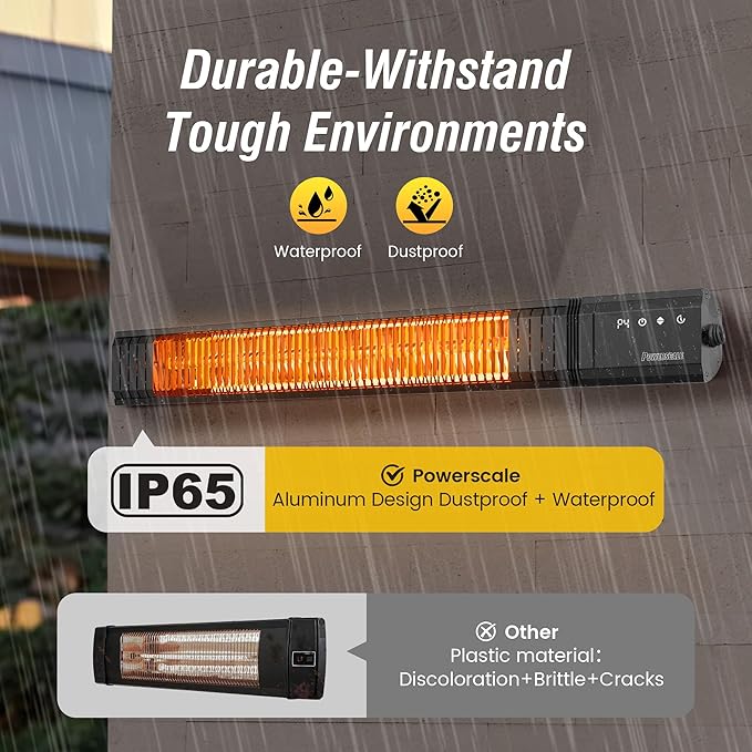 Infrared Outdoor Heaters for Patio Electric, IP65 Waterproof 1500W Patio Heater with Remote, 24H Timer&4 Heat Level for Porch, Garage & Backyard