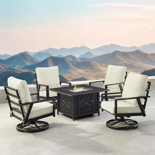 Oakland Living Black Aluminum Patio Fire Table Set with Four Club Chairs with Light Grey Cushions