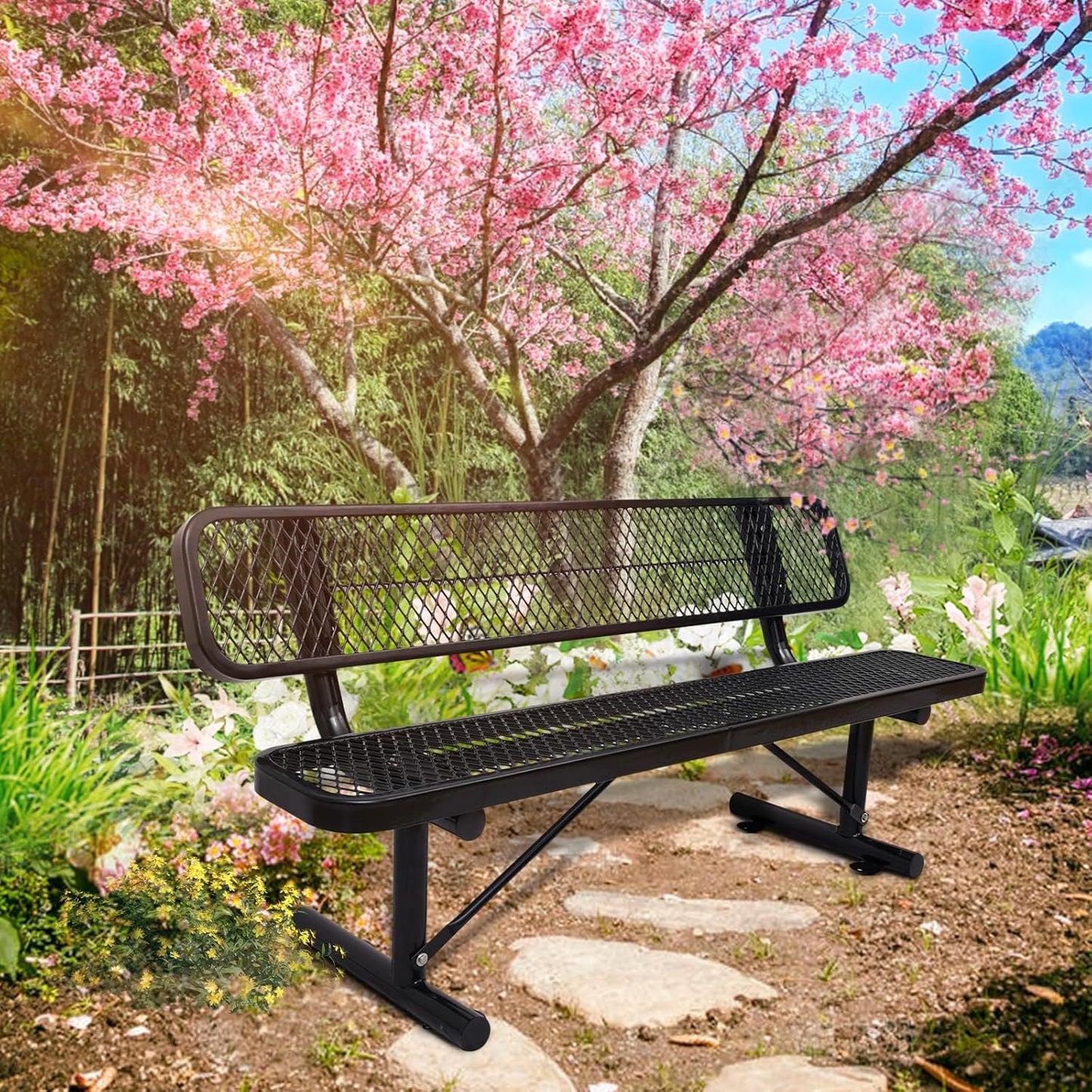 6FT Heavy Duty Park Bench with Back Portable Frame, Outdoor Metal Park Bench with Backrest, Steel Mesh Outdoor Bench for Garden, Lawn, Patio, Porch, Park, Yard (Black, 72.4" L x 23.2" W x 32.5" H)