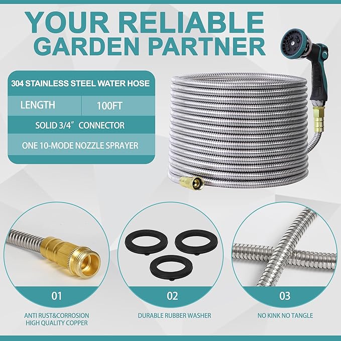 100FT Garden Hose, 304 Stainless Steel Water Hose, Flexible with a 10-Mode Nozzle Sprayer, No Kink, Lightweight, Puncture Proof, Ideal for Yard, Lawn, Outdoor