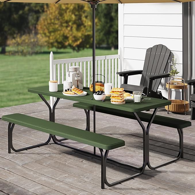 YITAHOME 6ft Outdoor Picnic Table with Wood-Like Tabletop, Sturdy Steel Frame and Umbrella Opening, Heavy Duty Picnic Table Ideal for Yard, Patio, Lawn Gatherings, Green