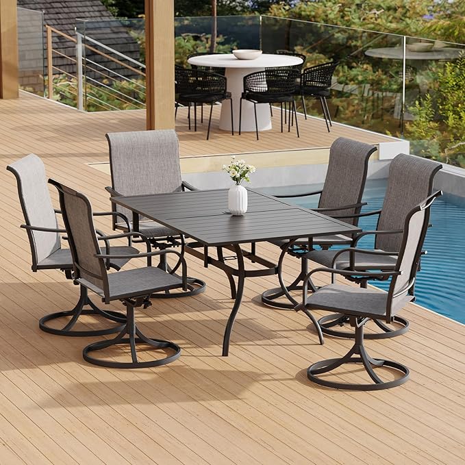 7-Piece Outdoor Dining 6 Swivel Chair and 63.5'' Rectangular Table with All Weather Frame for Backyard Front Porch Pool Deck Outdoor Furniture Set - Grey Style2