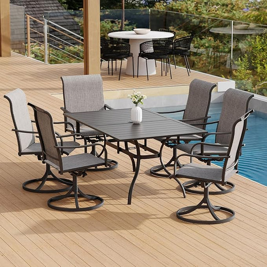7-Piece Outdoor Dining 6 Swivel Chair and 63.5'' Rectangular Table with All Weather Frame for Backyard Front Porch Pool Deck Outdoor Furniture Set - Grey Style2