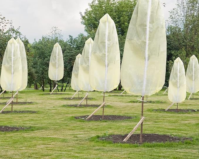 EAONE 4 Pack Plant Covers Freeze Protection, 47x71'' Winter Frosts Cloth for Outdoor Plants, Reusable Frost Blankets Drawstring Bags for Cold Freeze Sun Protection Bird Insect Prevention, Beige