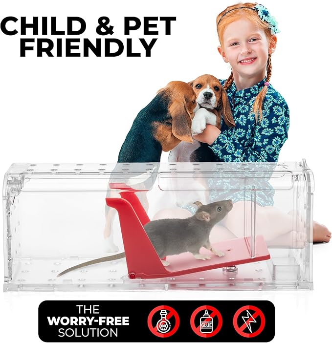 Humane Mouse Trap Pack of 4 - No Kill - Live Mouse Traps Indoor for Home Use - Reusable Rodent Traps for House Indoor, Safe & Effective Rat Trap Outdoor - Humane Mice Control with Cleaning Brush