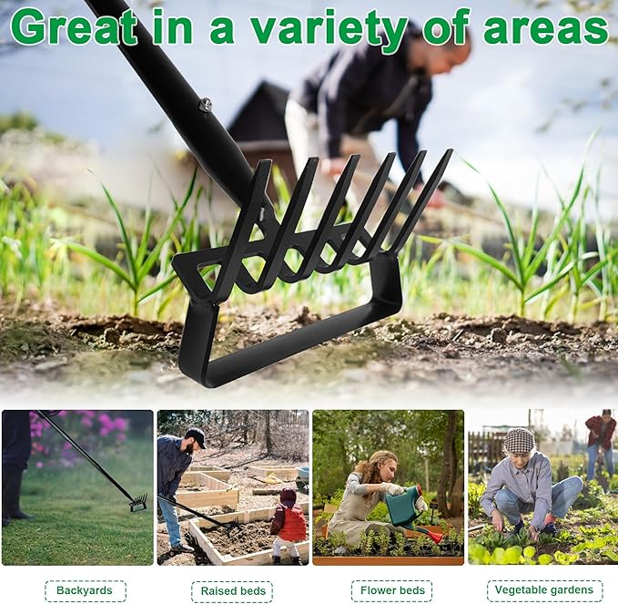 6-Tines Rake and Stirrup Hoe, Metal Garden Hula Hoes Tiller Rake Tool with Adjustable Long Handle, Action Scuffle Loop Hoe for Weeding, Digging, Loosening Soil