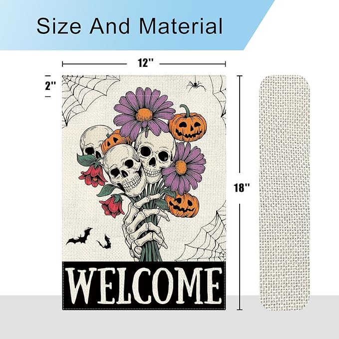 DLZDN Welcome Halloween Skull Garden Flag Skeleton Gothic Spooky Flag 12×18 Inch Double Side Vertical Burlap Farmhouse Yard Sign Holiday Seasonal Outdoor House Decoration