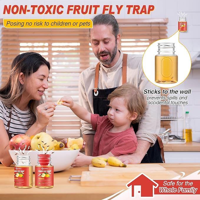 Qualirey 3 Pack Fruit Fly Traps for Indoors, Fruit Fly Killer and Catcher, Trap Refill Liquid for Home & Kitchen, Non Toxic Safe Near Food, Effective Lure Refill for Indoor Use