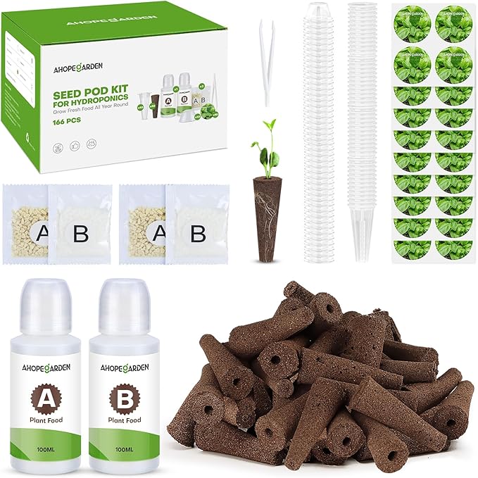 Ahopegarden 166PCS Hydroponic Pods Kit: Indoor Garden Supplies for Aerogarden, iDOO, Most Brand Hydroponics Growing System, with Grow Sponges, Labels, A&B Plant Food, Grow Baskets, Covers & Tweezer