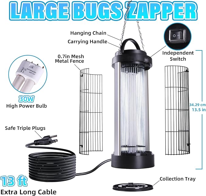 Powerful Bug Zapper Outdoor for 5000 Sq.Ft. with 13FT Power Cord, 3600V Instant Killing Grid Removable Hanging High Power Outdoor Mosquito Killer, Fly Trap Lamps for Garage Farm Home