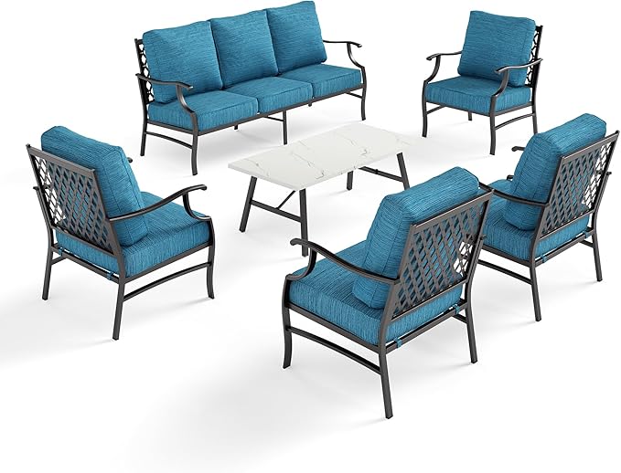 6 Piece Metal Outdoor Patio Furniture Set, Patio Conversation Sets 1 3-Seater Sofa, 4 Fixed Chairs with 5.75" Thick Cushion and Coffee Table, Backyard Furniture Set for Deck, Blue-2