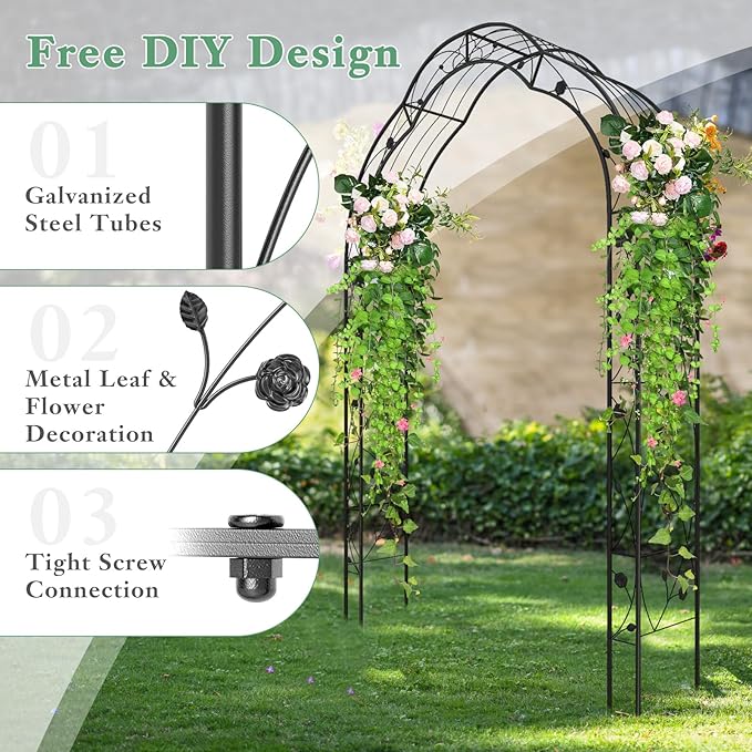 Moccha 2 Sides Garden Arch Arbor Trellis, 8.2FT Metal Archway for Climbing Plants Roses Vines, Outdoor Pergola Trellis with 6 Styles & Sharp Ends, Garden Arbor for Backyard Wedding Party Ceremony