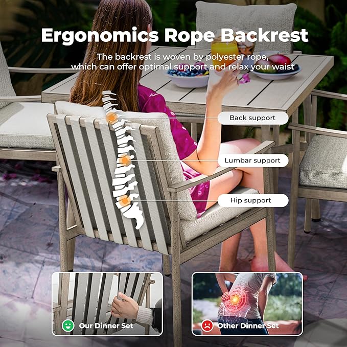 HAPPATIO 5-Piece Outdoor Dining Set for 4, Aluminum Patio Dining Set Includes 1 Large Square Table with Umbrella Hole and 4 Dining Chairs, Patio Furniture Set for Lawn, Porch, or Backyard (Grey)