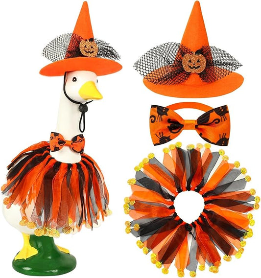 3 Pcs Halloween Porch Goose Outfits,Porch Goose Halloween Costume Pumpkins Style Goose Outfit Bow Tie and Hat for Garden Decoration Party Patio Yard Orange