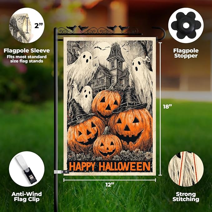 Halloween Garden Flag 12x18 Double Sided – Happy Halloween Flag for Outside, Spooky Ghosts, Pumpkins & Haunted House Yard Flag Decor for Fall Outdoor Display
