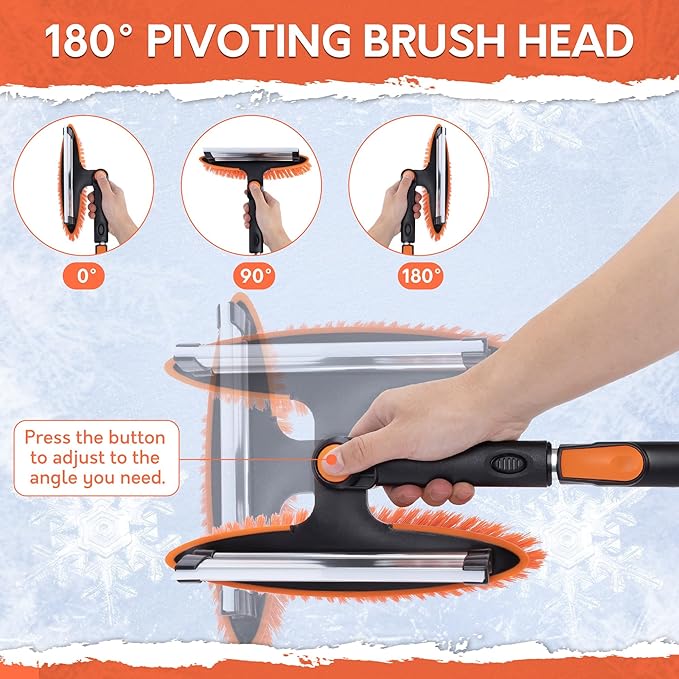 TONDA Snow Brush and Ice Scraper for Car Windshield, 180° Rotating Brush with Squeegee, Extendable Handle with Foam Grip, Snow Shovel for Cars, Trucks & SUVs, Orange