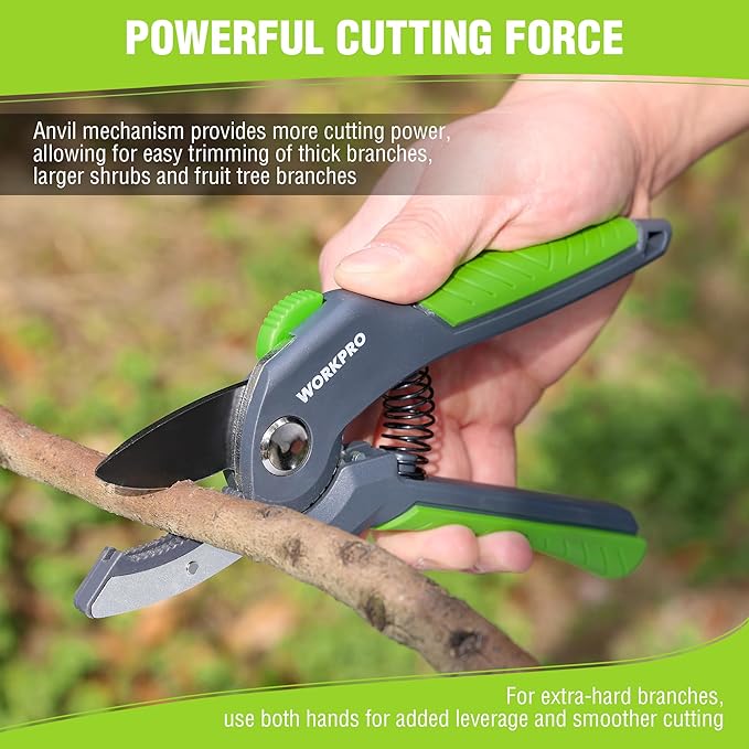 WORKPRO 8.5" Anvil Pruning Shear, Heavy Duty Garden Scissors & Clippers with Labor-Saving Design, Handheld Gardening Shears with Ergonomic Handle for Thick Branch Trimming