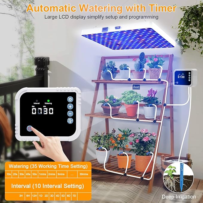 LED Grow Light with Automatic Watering System for Indoor Plants, Full Spectrum Plant Light with Remote Control, Stepless Dimmable Growing Lamps with 3 Lighting Modes for Seedlings Veg Bloom