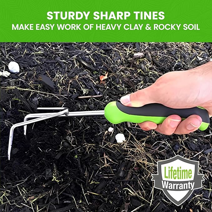 Garden Guru Hand Cultivator Rake Tiller Tool - Stainless Steel for Ultimate Strength - Rust Resistant - Ergonomic Handle - Great for Gardening Cultivating Loosening Weeding