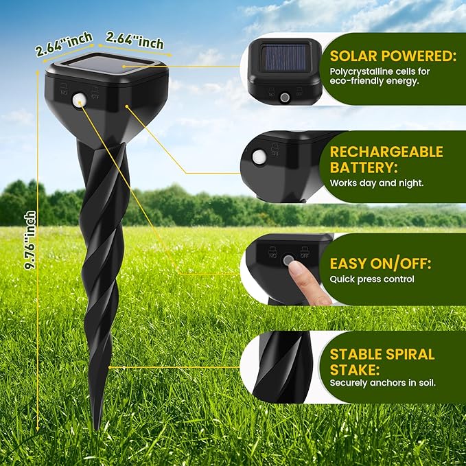 Solar Mole Repellent Stakes, Snake Repellent for Yard, Ultrasonic & Vibrating Deterrent Spikes Waterproof, Effective Get Rid of Vole Groundhog Gopher Skunk Snake Rabbit Chipmunk for Lawn Yard Garden