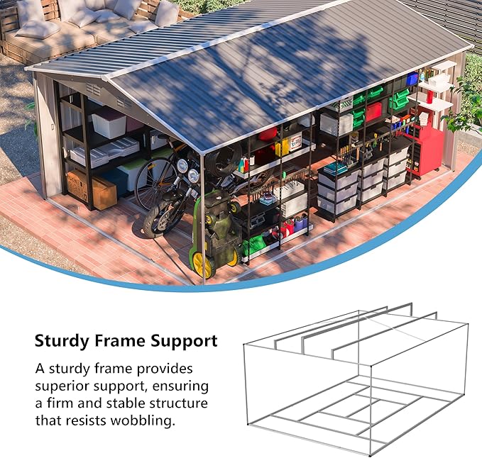 14x10 FT Outdoor Storage Shed,Metal Shed W/ 3 Lockable Doors，Floor Frame & Side Door,Garden Tool House W/ 4 Air Vents & Sloped Roof,for Backyard Patio Lawn,Light Gray