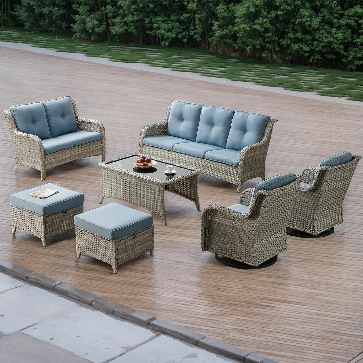 Patio Tables Wicker Coffee Table - Outdoor Rattan Coffee Tables with Glass Top for Patio Proch Deck Balcony Rectangle Light Grey