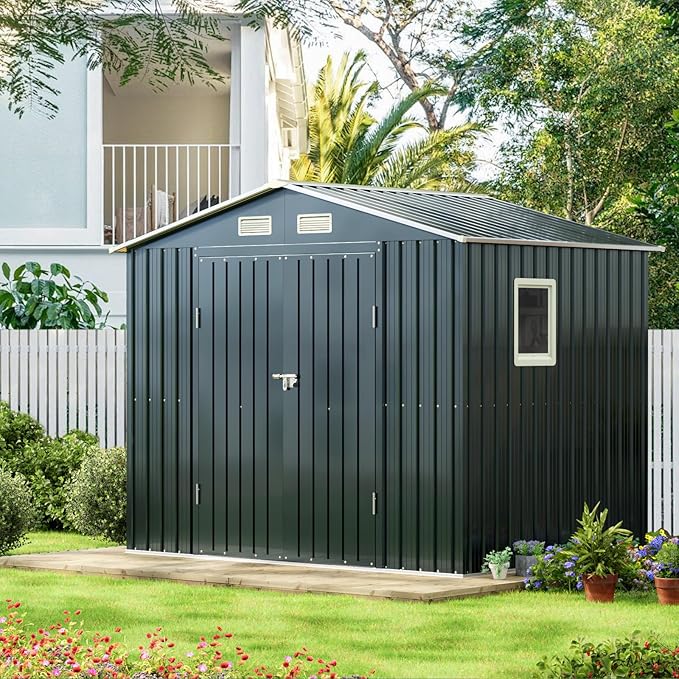 8x6FT Outdoor Steel Storage Shed with Clear Window, Lockable Doors, Weather-Resistant Metal Tool Shed for Garden, Backyard, Patio, and Utility Storage