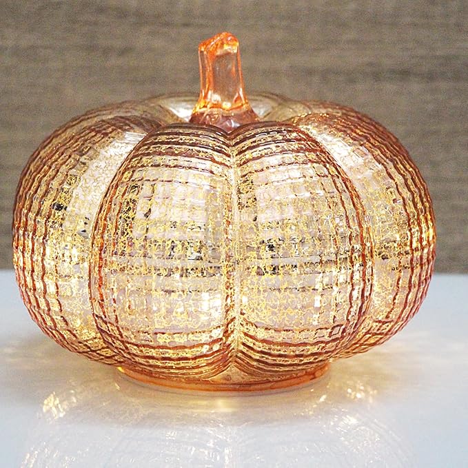Mercury Glass Pumpkin Lights with Timer, Battery Operated Led Pumpkin Lights for Halloween Fall,Thanksgiving Rustic Decor (Rosegold Grid-Patterned, 5.5")