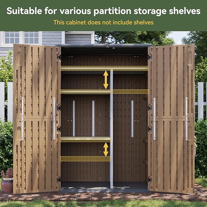 Aoxun Outdoor Storage Shed with Floor, 64 Cu.Ft Large Outdoor Storage Cabinet, Waterproof Vertical Resin Shed for Garden Tools, Pool Equipment, Brown