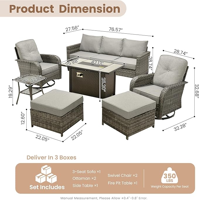 HOOOWOOO Outdoor Patio Furniture Set,7 Pieces Wicker Conversation Set,All Weather Couch Set with Fire Pit Table Swivel Chairs Ottoman 7 Seaters for Out Door Yard(Charcoal Gray)