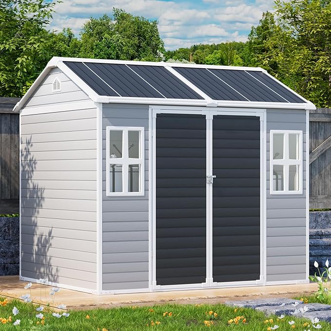 8x6 FT Resin Storage Sheds with Floor Waterproof Outdoor Shed Kit, Outside Plastic Sheds with 2 Windows for Backyard Garden Patio Lawn Tools