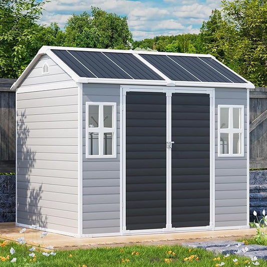 8x6 FT Resin Storage Sheds with Floor Waterproof Outdoor Shed Kit, Outside Plastic Sheds with 2 Windows for Backyard Garden Patio Lawn Tools