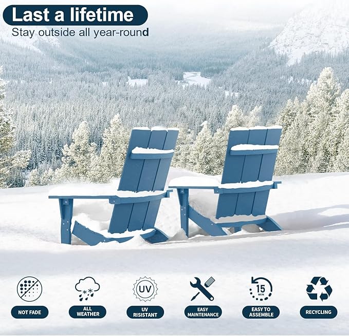 MXIMU Modern Adirondack Chairs Set of 6 Weather Resistant with Cup Holder Oversize Plastic Fire Pit Chairs Plastic Outdoor Chairs for Firepit Area Seating (Navy)