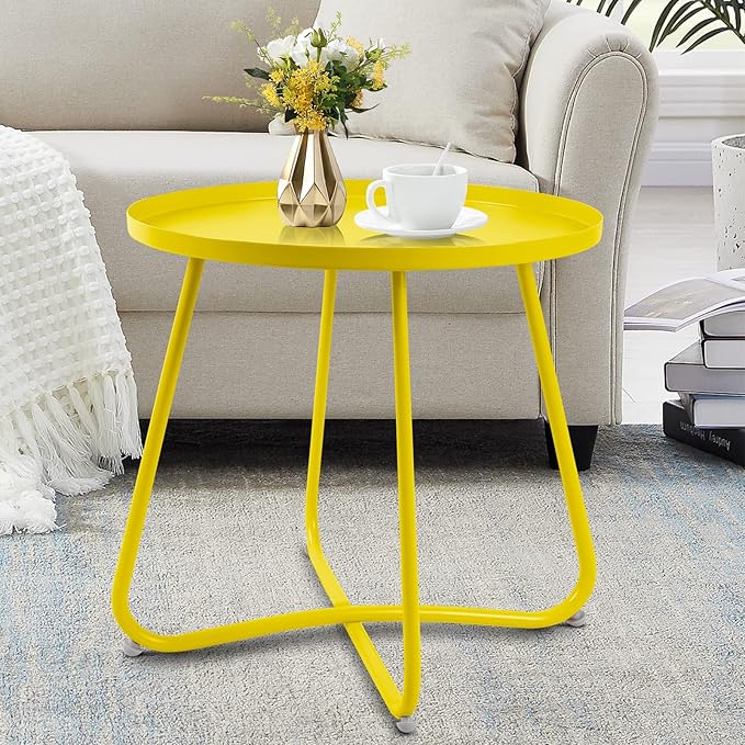 Babion Yellow Outdoor Side Table, Small Round Patio Accent Table for Patio Yard Garden, Indoor & Outdoor