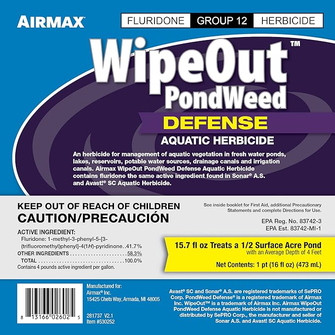 Airmax Wipeout Pond Weed Defense, Herbicide & Aquatic Weed Control, Controls Duckweed & Other Unwanted Submerged & Floating Vegetation, Easy-to-Use & Long Lasting, All-Season Treatment - 16 Ounce