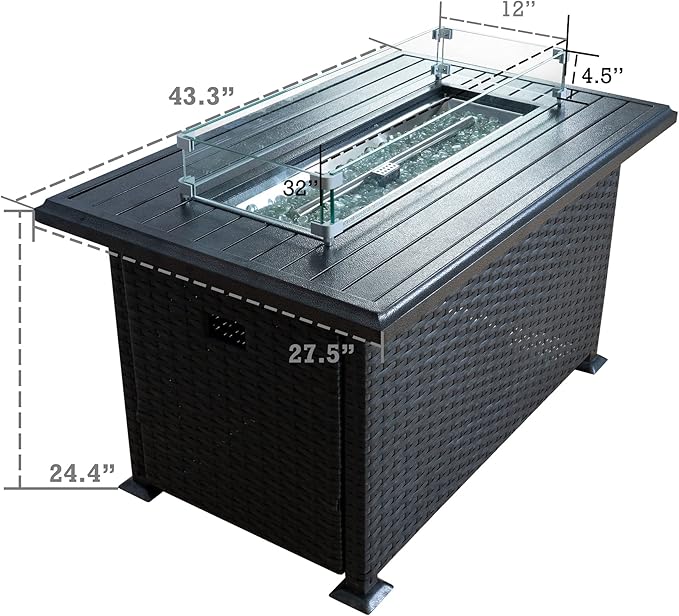 Kozyard Outdoor Patio Propane Gas Fire Pit Table - 50,000 BTU Wicker Design with Aluminum Tabletop, Glass Wind Guard, Clear Glass Rocks, and Slide Out Tank Holder - Ideal Patio Fire Table (Gray)