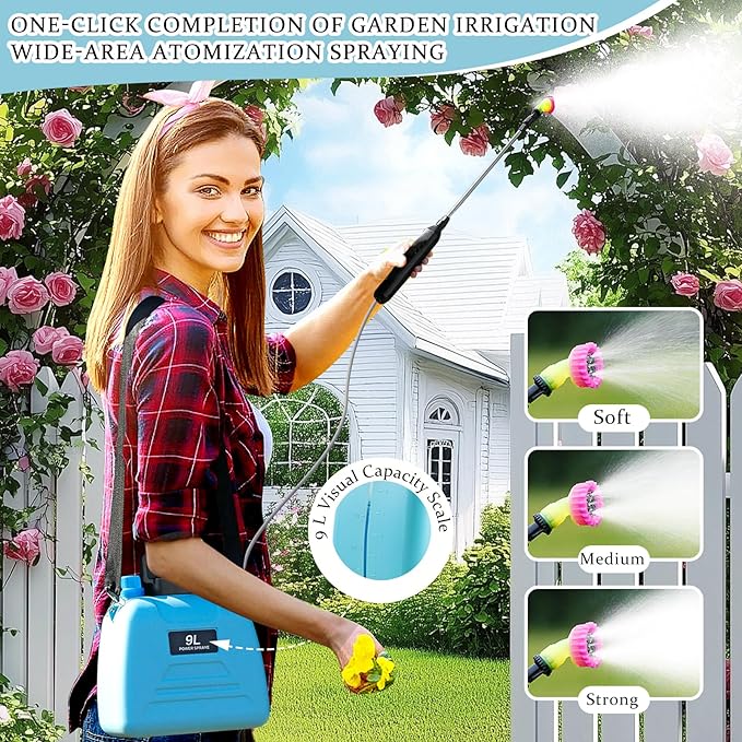 Battery Powered Sprayer 2.4 Gallon, 2025 Upgraded Electric Garden Sprayer, Automatic Power Weed Spray Battery Operated with Adjustable Shoulder Strap and Rechargeable Handle, 3 Mist Nozzles (Blue)