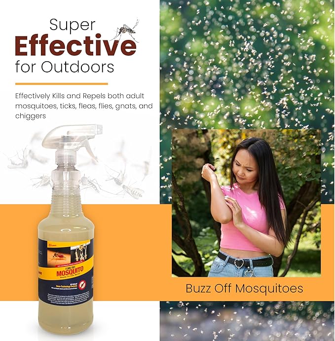 Natural Mosquito Control Ready to Use Spray, Repels Mosquitoes, Ticks, Fleas, Flies, Gnats, and Chiggers Away (32 oz Ready to use)