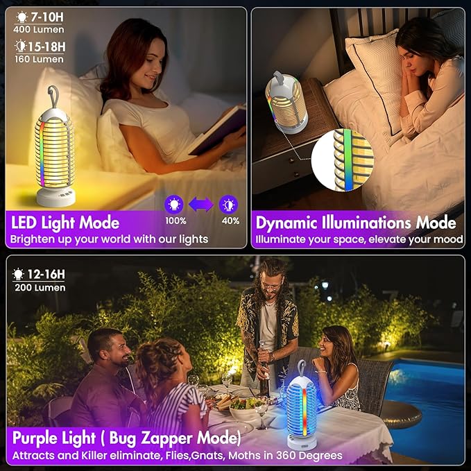 Bug Zapper Outdoor with Colorful Lighting and Auto-Sensing, 3 in 1 Cordless 4000mAh Battery Electric Fly Trap, Rechargeable Mosquito Zapper for Camping, Patios, Garden, Kitchen (2Pack-Grey)