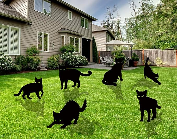 Halloween Yard Signs - 6 PCS Black Cat Decorations with Stakes for Outdoor Scary Silhouette with Glowing Eyes Waterproof Corrugated Plastic Lawn Decor