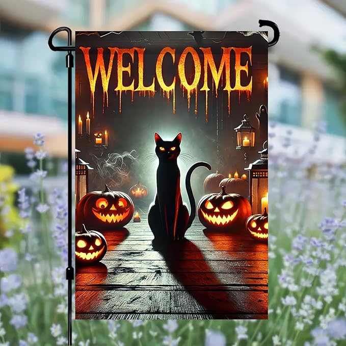 Garden Flags 12x18 Inch Halloween Black Cat Welcome Banner Pumpkin Lantern Spooky Night Yard Decoration for Porch Outdoor Lawn Garden Party Fall Decor Sign