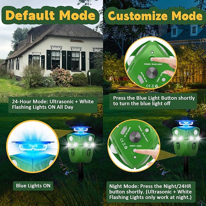 Ultrasonic Solar Powered Deer Repellent Device with PIR Motion Sensor 360° Animal Repellent Equipped with Dual Charging Methods Outdoor Protection for Gardens, Yards, and Farms