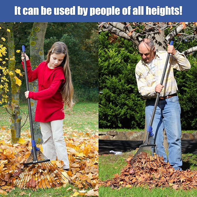 Adjustable Leaf Rake, 67” Long Handle Garden Rakes for Lawns Leaves with Expandable Head 8-17", Yard Women Kids Rake for Gardening RV Camping