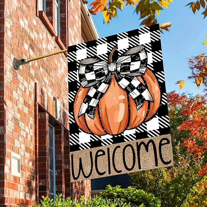 Fall Pumpkin House Flag 28x40 Double Sided, Welcome Fall Thanksgiving Large Garden Flags for Outside, Autumn Holiday Yard Flag Outdoor Seasonal Decorations for Home