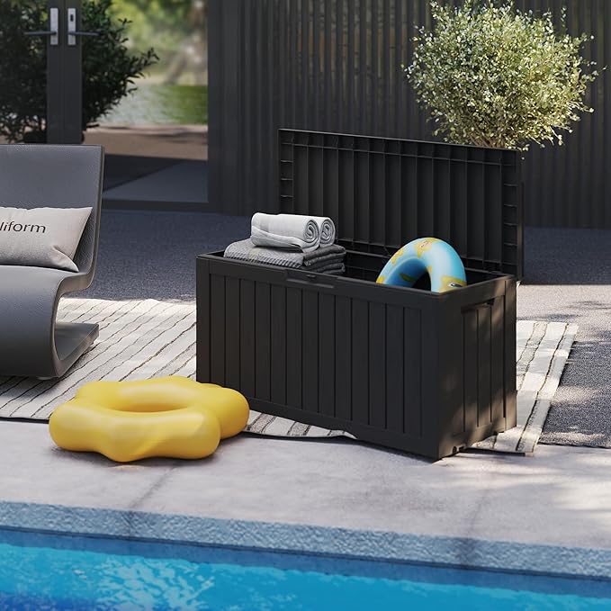 80GAL Black Resin Deck Box - Large Waterproof Storage for Patio Furniture, Pool Floats & Garden Supplies - Lockable, UV-Resistant for Backyards, Pool Decks