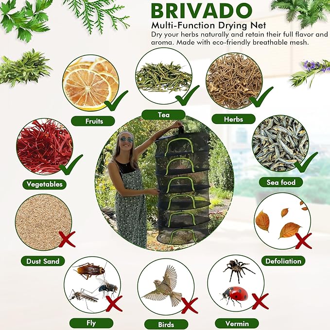 Herb Drying Rack Hanging Mesh 4 Layer 24" with Zipper, Garden Pruning Shear, Hook & Carabiner Clip for Drying Herbs, Plants, Seeds, Buds | Hydroponics & Grow Tents Herb Dryer Hanging Rack